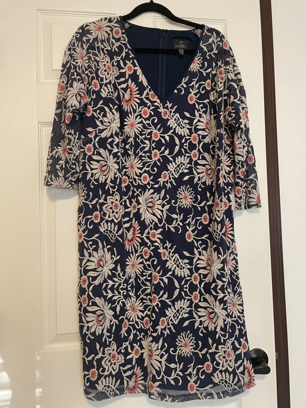 Adrianna Papell Navy Midi Dress with Cream Lace and Pink Florals Size 14W